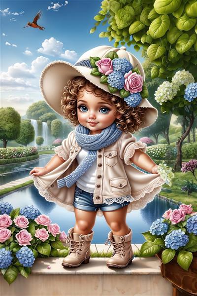 تصویر فانتزی دختر کوچولو با کلاه آفتابی لبه‌دار و گل‌های هیدرانسیا در کنار برآب جهت چاپ کاغذ دیواری سه بعدی و پوستر اتاق خواب دخترانه