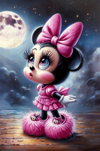 پوستر دیواری مینی موس فانتزی زیر نور ماه با کفش‌های پشمی صورتی مناسب برای اتاق خواب دختران خردسال