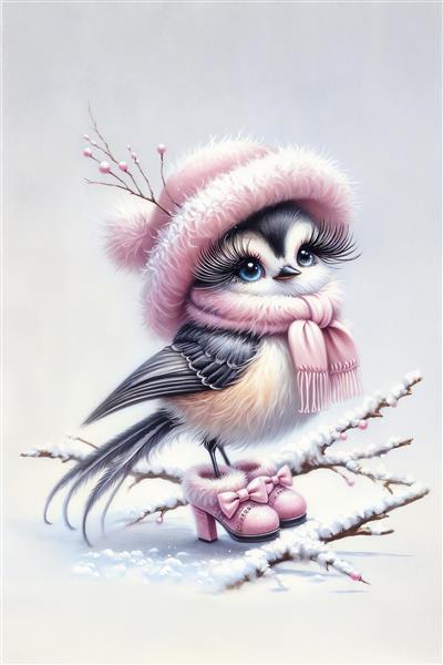 طرح پرنده فانتزی با کلاه و کفش صورتی در شاخسار برفی مناسب برای پوستر دیواری، چاپ کوسن و روتختی فانتزی