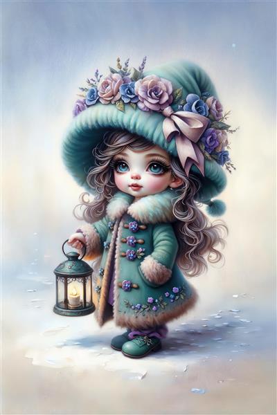 طرح دختربچه زمستانی با فانوس روشن در میان برف‌ها ویژه چاپ پوستر دیواری اتاق کودک و دکوراسیون کریسمس