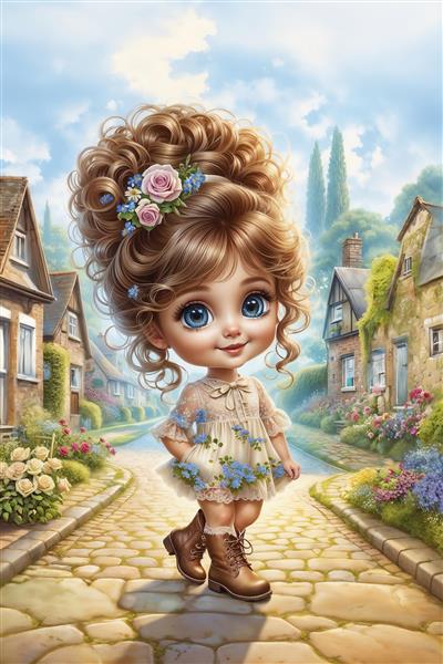 منظره فانتزی کوچه باغ قدیمی با تصویر دختربچه مو فرفری ویژه چاپ کاغذ دیواری سه بعدی و تابلو بوم دکوراتیو