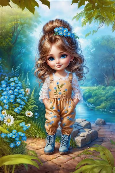 پوستر سه بعدی طرح دختربچه در جنگل گل‌های آبی مناسب برای دکوراسیون اتاق خواب کودک، مهدکودک و فضای بازی