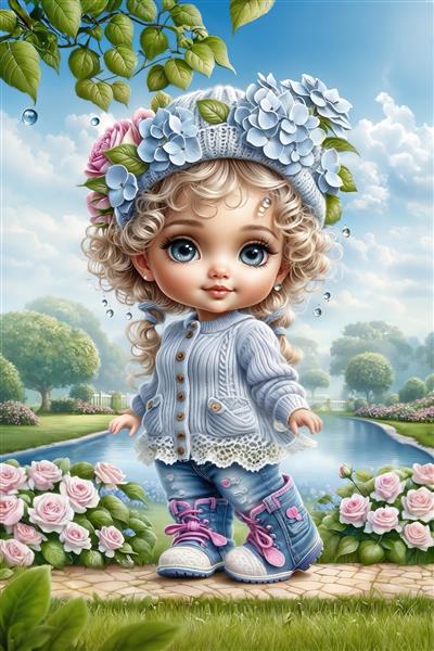 پوستر دیواری طرح گلزار و آسمان آبی با کاراکتر دختربچه شاد ویژه اتاق بازی، مهدکودک و دکوراسیون شاد منزل