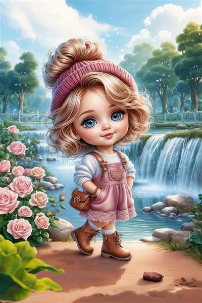 منظره آبشار و گل رز صورتی با حضور دختربچه کلاه دار ایده آل جهت چاپ پوستر دیواری سه بعدی، روتختی و دکوراسیون اتاق دخترانه