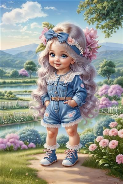 پوستر سه بعدی منظره تپه های سبز و گلزار با دختربچه مو بلند زیبا مناسب برای مهد کودک، دکوراسیون سالن ورزشی و منازل