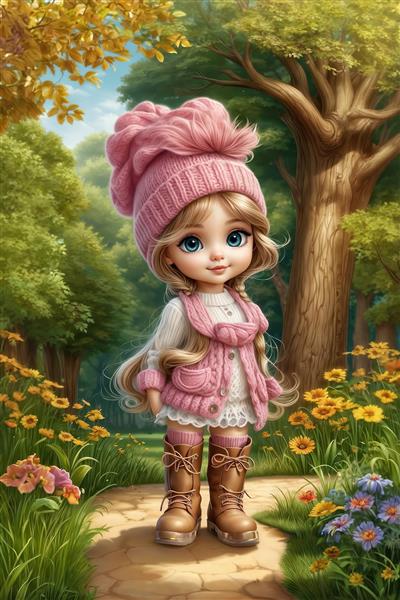 طرح بهاری باغ گل و درختان کهنسال با حضور دختربچه ای با کلاه صورتی ویژه چاپ روی پرده، روتختی و پوستر اتاق خواب