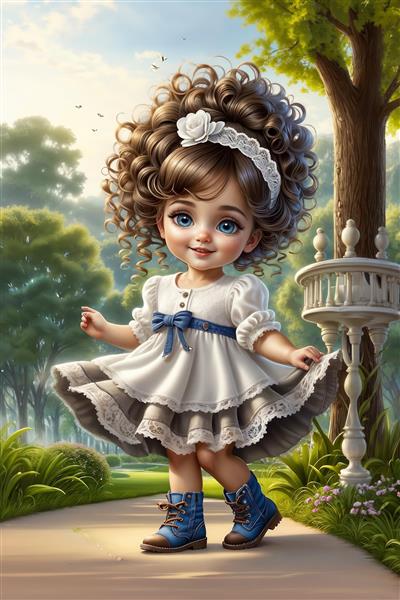 تصویر گرافیکی دختر شاد کنار برکه و گل‌های وحشی برای کاغذ دیواری سه بعدی اتاق خواب و پوستر دیواری فانتزی