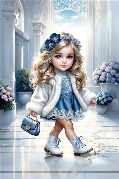 پوستر سه بعدی فانتزی دختر کوچولو در منظره برفی برای دکوراسیون زمستانی مهدکودک و چاپ روی قاب تزیینی یا پوستر دیواری سالن بازی