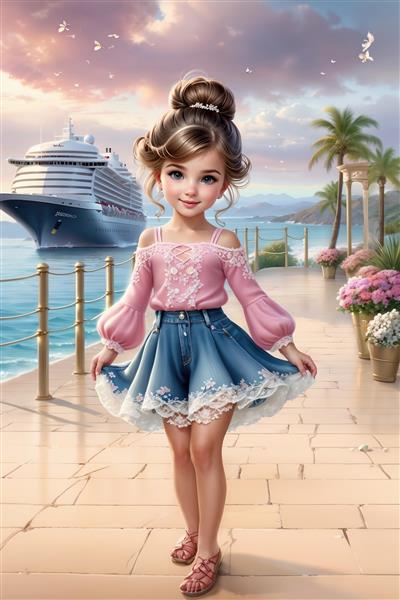 منظره غروب در بندر با تصویر دختر شیک و کشتی کروز مناسب پوستر دیواری اتاق خواب، آژانس‌های هواپیمایی و هتل‌ها