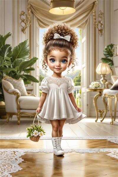 تصویر لوکس دختربچه در عمارت کلاسیک با سبد گل مناسب برای پوستر دیواری سالن‌های زیبایی، مزون‌ها و تالارهای پذیرایی