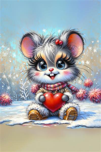 طرح موش فانتزی در حال نگه داشتن قلب قرمز در برف مناسب برای پوستر دیواری سه بعدی، کارت پستال و چاپ روی ماگ دکوری