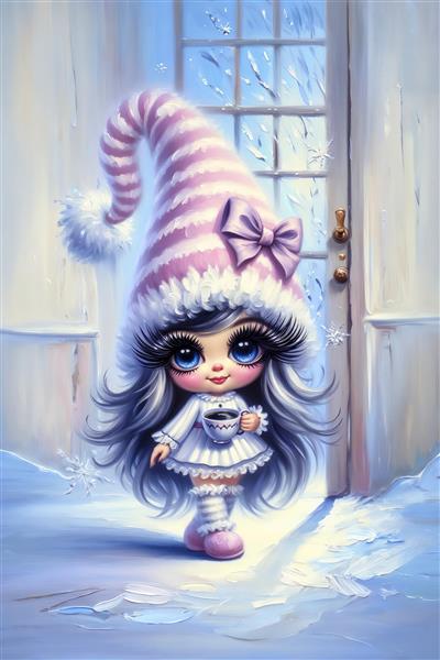 طرح گرافیکی دختر فانتزی با کلاه راه راه بلند و فنجان قهوه در محیط برفی ویژه پوستر دیواری پشت میز پذیرش و کافی‌شاپ‌های مدرن