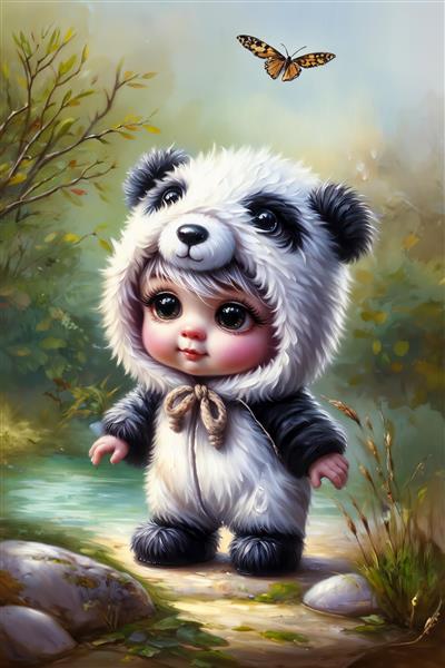طرح فانتزی کودک در لباس پاندا و پروانه در طبیعت بکر مناسب برای پوستر دیواری سه بعدی اتاق خواب و مهدکودک و چاپ روی فرش اتاق کودک