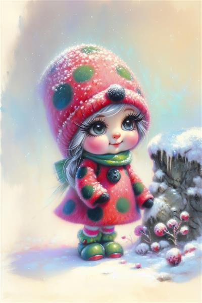 طرح گرافیکی دختر کوچولوی برفی با کلاه و لباس قرمز خال‌خالی هندوانه‌ای ویژه تابلو دکوراتیو اتاق خواب دخترانه و چاپ روی ماگ و ظروف تزئینی