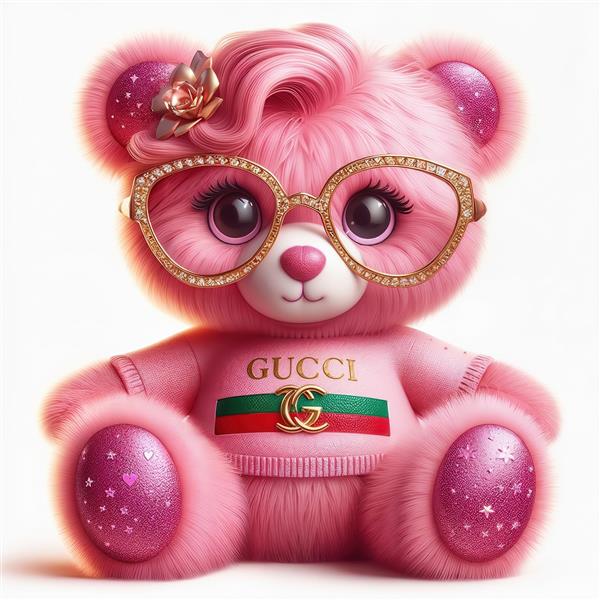 طرح لوکس خرس تدی صورتی با عینک گوچی و استایل مدرن برای تابلو دکوراتیو مزون و اتاق خواب لاکچری