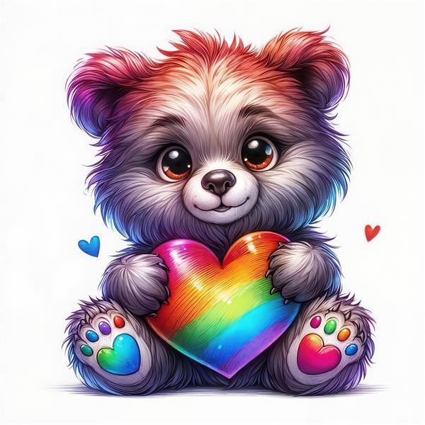 پوستر دیواری خرس خاکستری با قلب رنگین‌کمانی نماد عشق و صلح برای تزیین اتاق نوجوان و کلینیک‌های روانشناسی