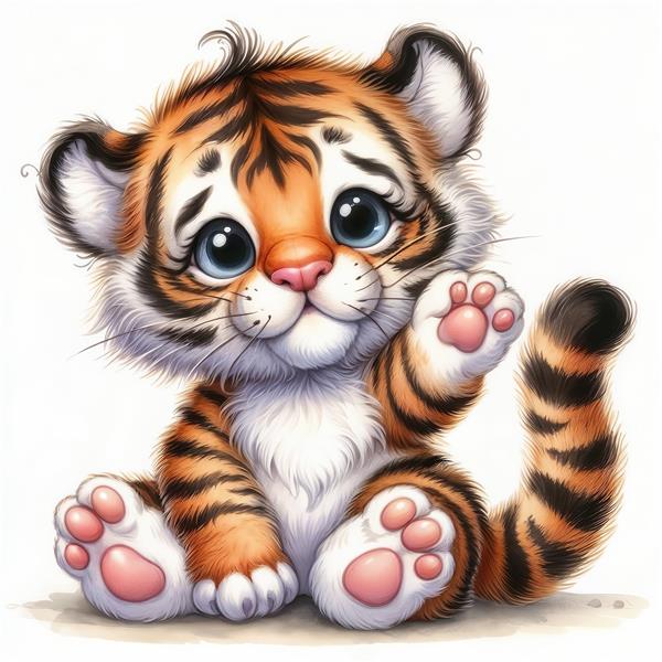 تصویر باکیفیت ببر کوچولوی ناز در حال دست تکان دادن برای چاپ روی پرده اتاق کودک و پوستر دیواری
