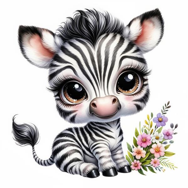 پوستر دیواری سه بعدی گورخر فانتزی با چشم‌های درشت و دسته گل بهاری برای تزیین مهدکودک و اتاق بازی