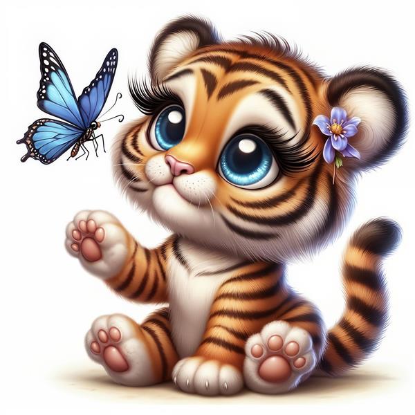 تصویر باکیفیت بچه ببر بازیگوش و پروانه آبی ویژه چاپ پوستر دیواری، کوسن و دفترچه یادداشت فانتزی اتاق پسرانه و دخترانه