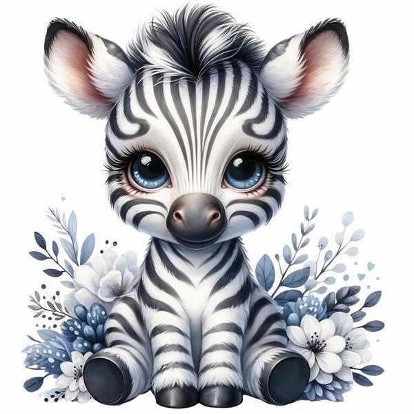 طرح فانتزی گورخر کوچولو با گل‌های آبی برای پوستر دیواری عمودی و تابلو دکوراتیو اتاق خواب کودک و مهدکودک