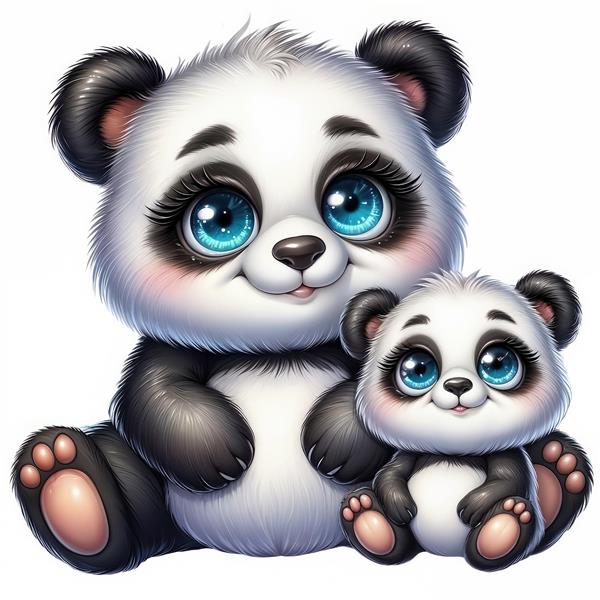 پوستر دیواری اتاق کودک طرح پاندا مادر و فرزند فانتزی با چشمان آبی درشت مناسب چاپ روی روتختی و کاغذ دیواری سه بعدی اتاق نوزاد