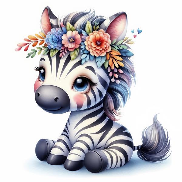 پوستر دیواری طرح گورخر مینیاتوری با تاج گل رنگی مناسب برای دکوراسیون مهدکودک و اتاق بازی