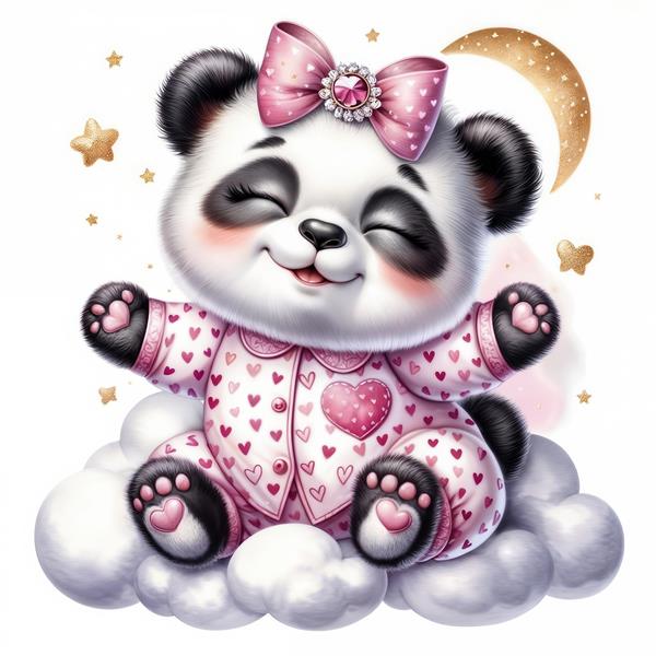 تصویر پاندا در حال خواب روی ابر با تم شب و ماه برای پوستر دیواری اتاق خواب نوزاد