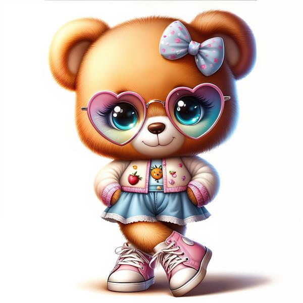 پوستر دیواری فانتزی خرس عروسکی مدرن با عینک قلبی و تیپ اسپرت مناسب برای دکوراسیون اتاق نوجوان، کافی‌شاپ و چاپ روی ماگ و تی‌شرت