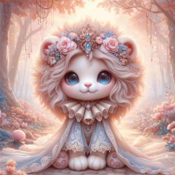 پوستر دیواری لوکس طرح شیر فانتزی با تاج گل و جواهرات مناسب برای دکوراسیون اتاق خواب رویایی، پشت تختخواب و چاپ روی بوم آتلیه عکاسی