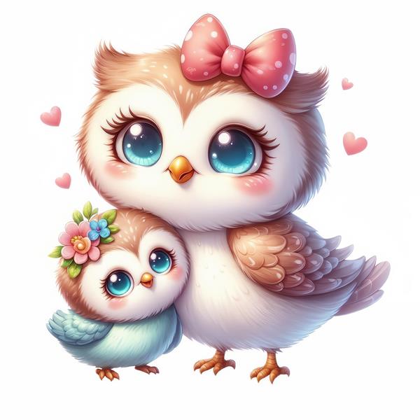 طرح گرافیکی دو جغد بامزه با پاپیون و گل‌های بهاری برای پوستر دیواری اتاق کودک و نوزاد و تزئین سیسمونی