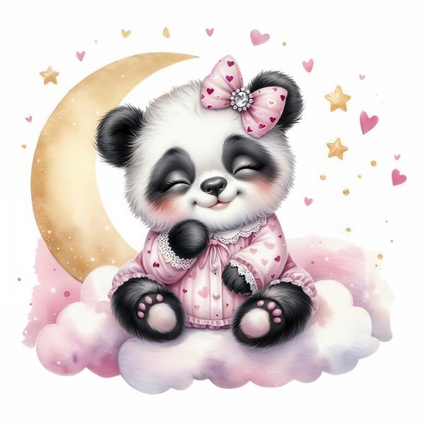 تصویر پاندا با لباس خواب قلبی روی ابرهای صورتی ایده آل برای چاپ برچسب دیواری و سرویس خواب نوزاد دختر