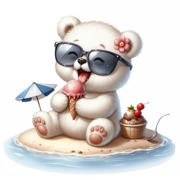 وکتور خرس قطبی عینکی در حال بستنی خوردن در ساحل جزیره برای چاپ کوسن، تیشرت و پوستر دیواری فانتزی اتاق پسرانه