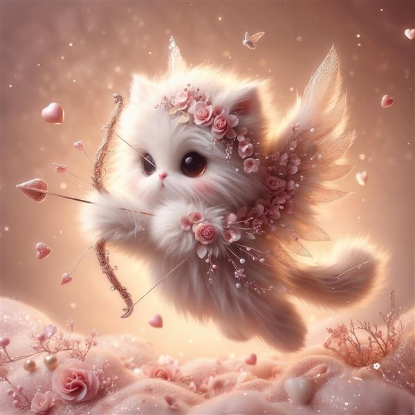 پوستر سه بعدی گربه فرشته با تیر و کمان عشق و گل‌های رز صورتی ویژه دکوراسیون ولنتاین و اتاق خواب مستر