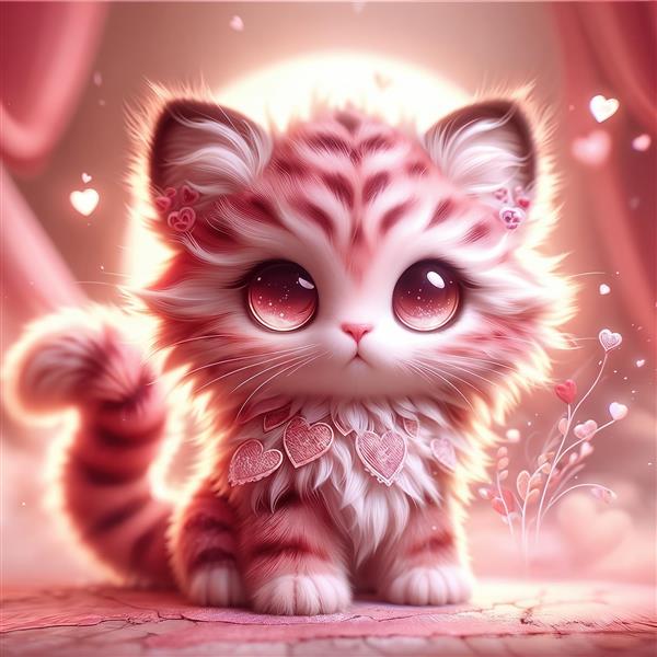 پوستر دیواری ببر کوچک صورتی با طرح قلب های درخشان مناسب اتاق خواب دخترانه و کلینیک‌های کودک