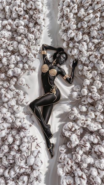 تصویر گرافیکی زن سیه چرده میان شکوفه‌های پنبه برای چاپ روی بوم و پوستر دیواری اتاق مستر و مزون‌های لباس