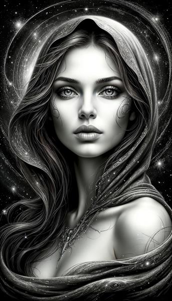 پوستر دیواری سه بعدی سیاه و سفید چهره فرشته در میان هاله نور و ستارگان برای دیزاین مدرن اتاق نشیمن و لابی هتل