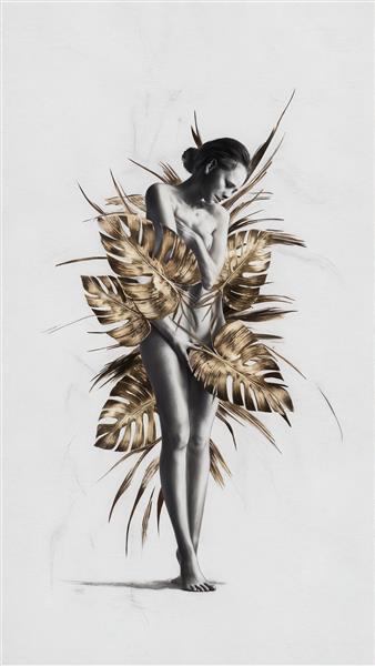 پوستر دیواری هنری بدن زن در میان برگ‌های انجیر طلایی مناسب برای فضاهای درمانی، اسپا و دکوراسیون اتاق مستر