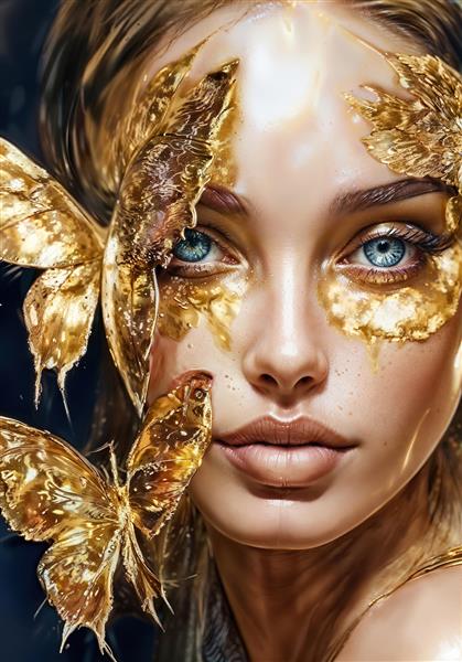 طرح باکیفیت صورت زن با پروانه‌های طلایی و ذرات درخشان ویژه پوستر دیواری پشت تخت خواب و تابلوهای دکوراتیو فانتزی