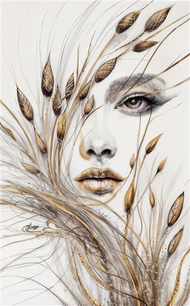طرح سیاه و قلم چهره زن با خوشه‌های گندم طلایی مناسب برای پوستر دیواری اتاق مستر و تابلوهای دکوراتیو کلینیک‌های پوست