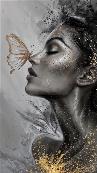 پوستر سه بعدی سیاه و سفید زن و پروانه طلایی روی بینی با ذرات درخشان برای دکوراسیون اتاق خواب و سالن‌های آرایشی مدرن