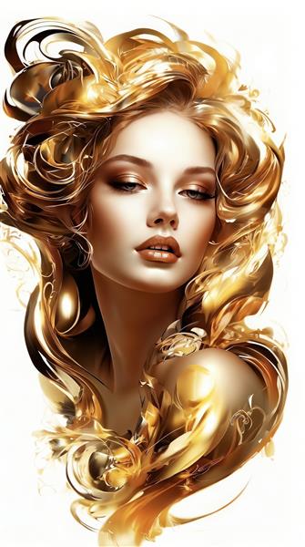 تصویر باکیفیت چهره زن با موهای افشان طلایی و درخشان مناسب برای پوستر دیواری آرایشگاه و کلینیک زیبایی یا تابلو شاسی اتاق خواب