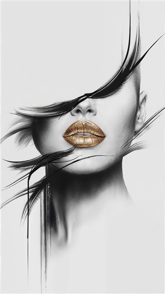 پوستر دیواری مدرن چهره زن با لب‌های طلایی و خطوط انتزاعی مشکی انتخابی لوکس برای آرایشگاه‌های زنانه و لابی هتل