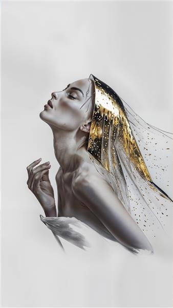 تصویر هنری نیم‌رخ زن با تور سر اکلیلی و طلایی خیره‌کننده ویژه تابلو دکوراتیو پشت کاناپه و دکوراسیون هتل