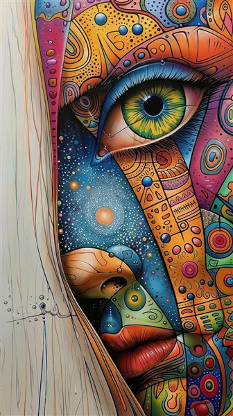 طرح انتزاعی چهره زن با المان‌های کیهانی و رنگارنگ مناسب پوستر دیواری مدرن تالار پذیرایی و اتاق خواب جوان