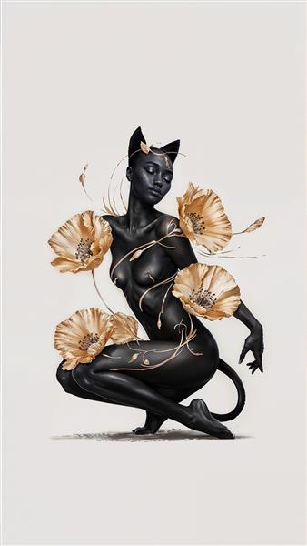 طرح فانتزی زن گربه‌ای سیاه با گل‌های طلایی ویژه چاپ کاغذ دیواری اتاق کودک و نوجوان یا استودیو عکاسی