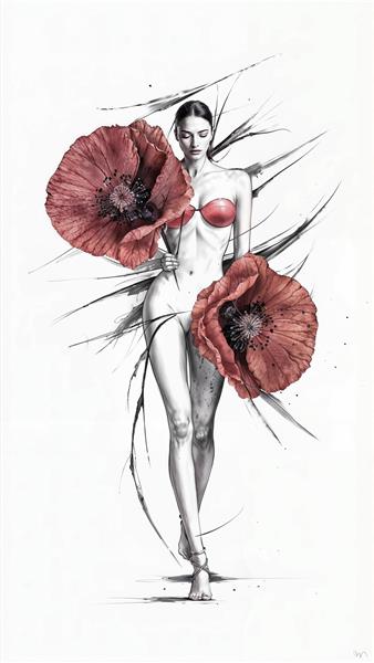 طرح گرافیکی فیگور زن و گل‌های رز قرمز بزرگ ویژه چاپ روی پرده پانچی و پوستر دیواری سالن‌های پذیرایی