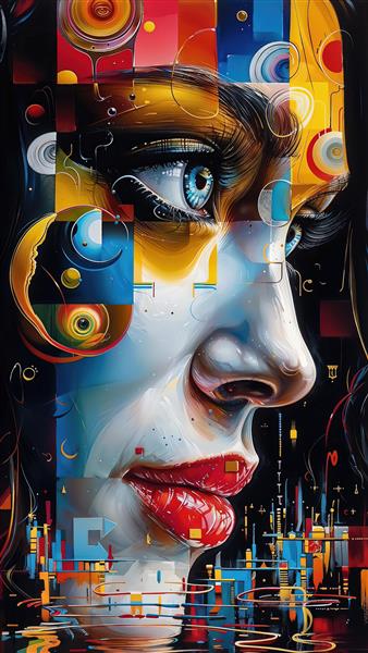 طرح کوبیسم و انتزاعی چهره زن با ترکیب رنگ‌های تند مناسب برای تابلوهای دکوراتیو کافه و محیط‌های هنری