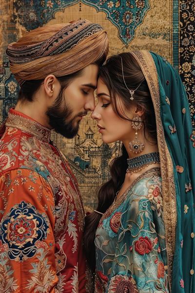 تصویر هنری زوج قاجاری با لباس‌های فاخر ترمه برای پوستر دیواری عمارت‌های سنتی و رستوران ایرانی