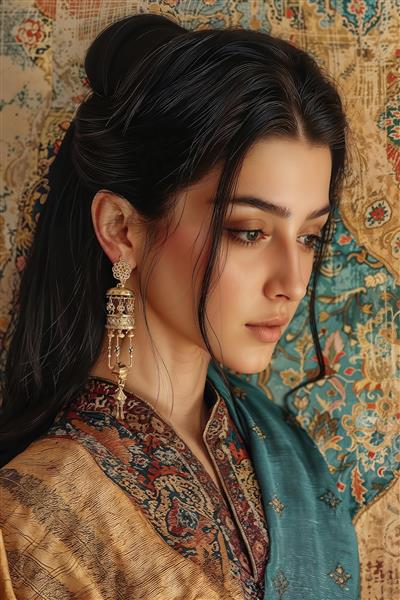 تصویر هنری نیم‌رخ زن با گوشواره‌های آویز سنتی مناسب برای قاب دکوراتیو و پوستر دیواری لابی هتل