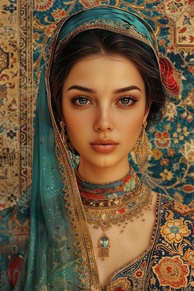 پوستر دیواری چهره زن زیبا با جواهرات سنتی و شال فیروزه‌ای مناسب دکوراسیون اتاق خواب و مزون لباس